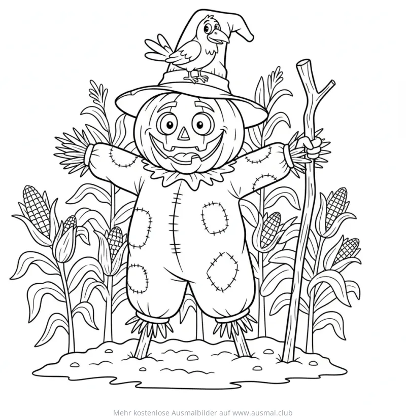 Vogelscheuche mit Kürbiskopf und Vogel im Maisfeld Ausmalbild