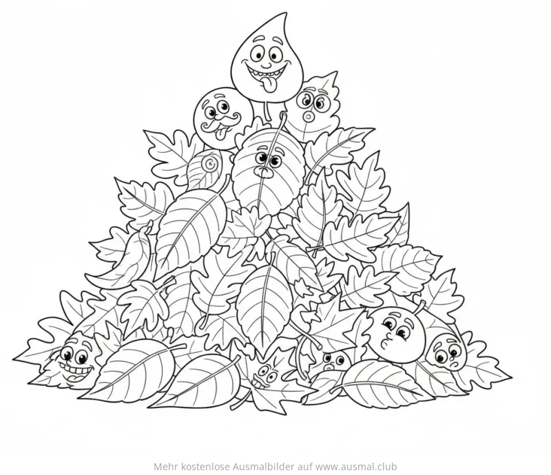 Blätterhaufen mit lustigen Gesichtern Ausmalbild