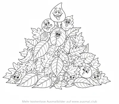 Blätterhaufen mit lustigen Gesichtern Ausmalbild
