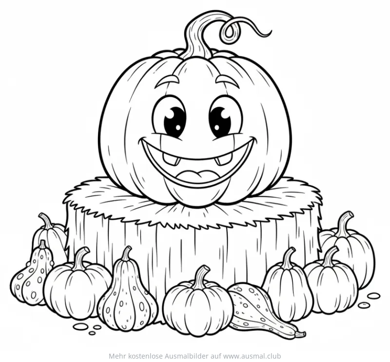 Fröhlicher Kürbis auf Strohballen umgeben von Kürbissen Ausmalbild