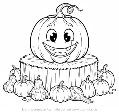 Fröhlicher Kürbis auf Strohballen umgeben von Kürbissen Ausmalbild