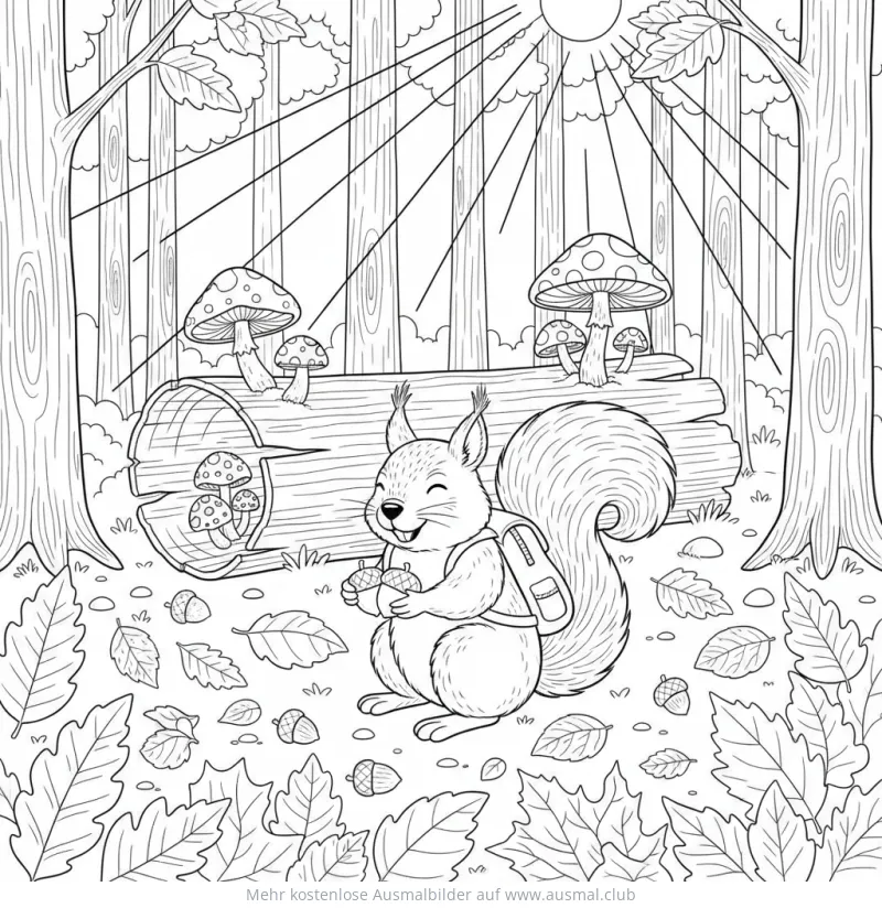 Eichhörnchen mit Rucksack im Herbstwald Ausmalbild