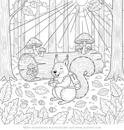 Eichhörnchen mit Rucksack im Herbstwald Ausmalbild