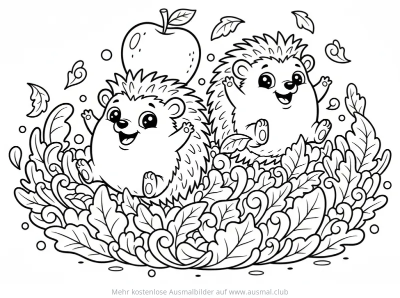 Zwei Igel mit Apfel im Herbstlaub Ausmalbild