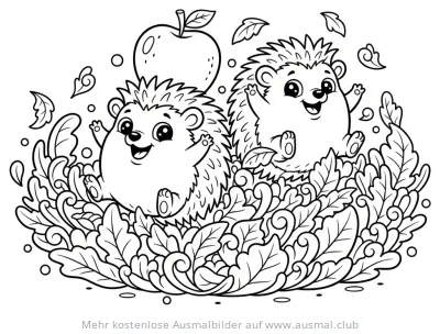 Zwei Igel mit Apfel im Herbstlaub Ausmalbild