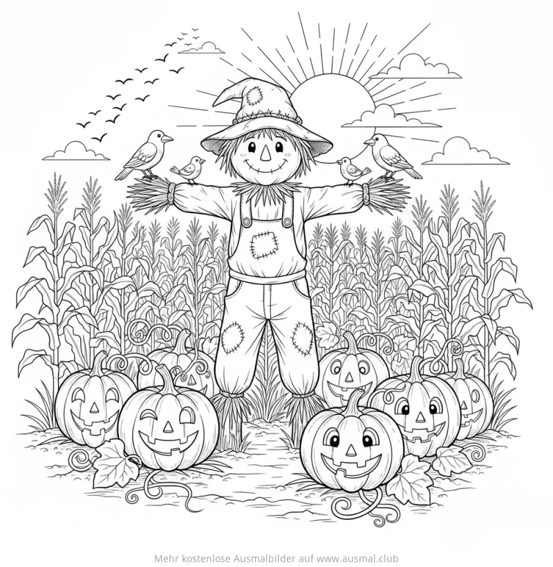 Vogelscheuche mit Kürbissen und Vögeln Ausmalbild