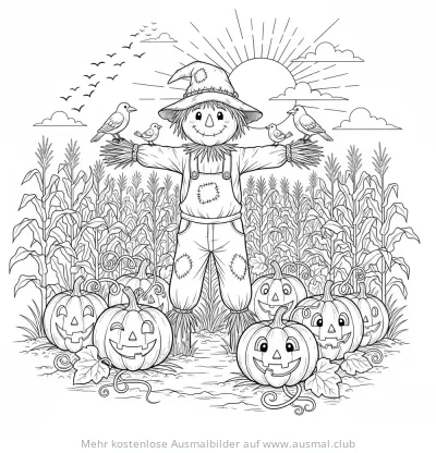 Vogelscheuche mit Kürbissen und Vögeln Ausmalbild