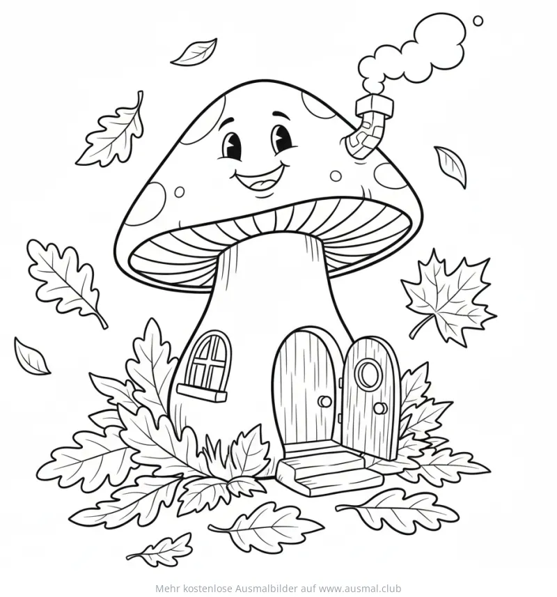 Pilzhaus Ausmalbild mit Herbstlaub