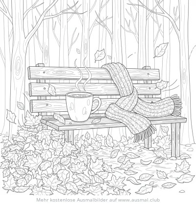 Gemütliche Herbstszene mit Tasse, Schal und Laub auf Bank Ausmalbild