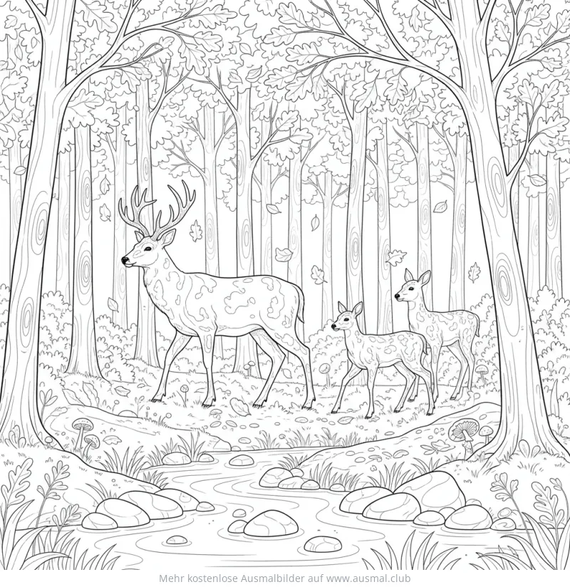 Hirschfamilie im Wald Ausmalbild
