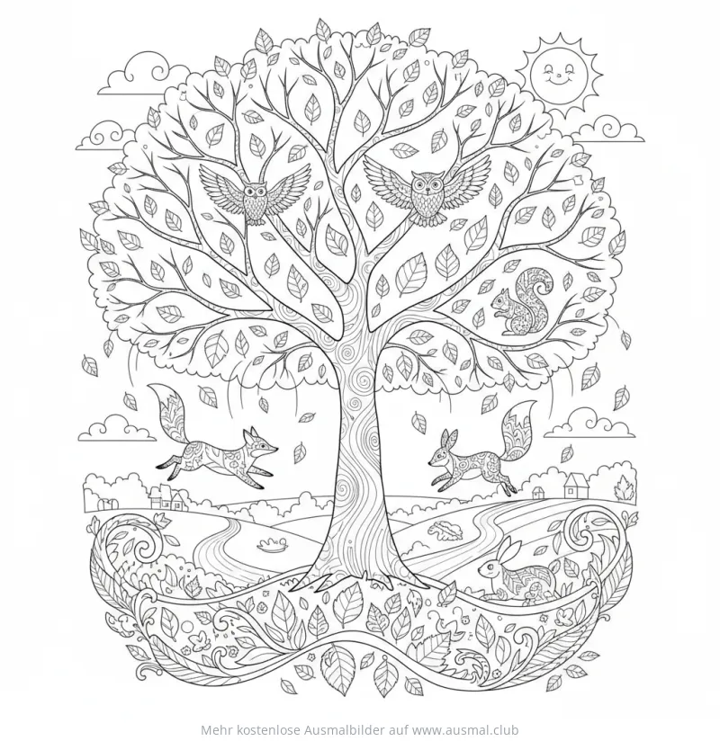 Herbstbaum Ausmalbild mit Tieren (Eulen, Eichhörnchen, Füchse, Kaninchen)