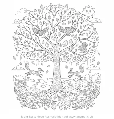 Herbstbaum Ausmalbild mit Tieren (Eulen, Eichhörnchen, Füchse, Kaninchen)