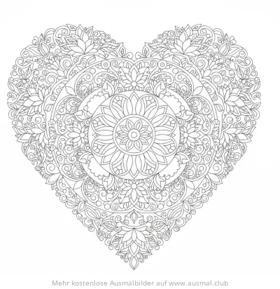 Herz Ausmalbild mit Blumen-Mandala