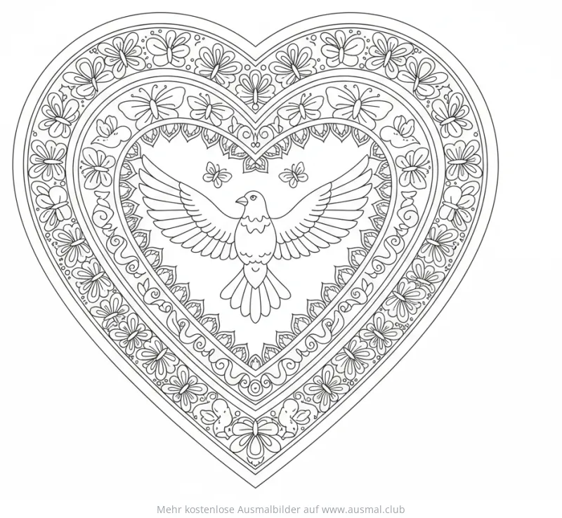 Taube im Herz-Mandala Ausmalbild mit Schmetterlingen und Blumen