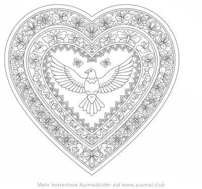Taube im Herz-Mandala Ausmalbild mit Schmetterlingen und Blumen