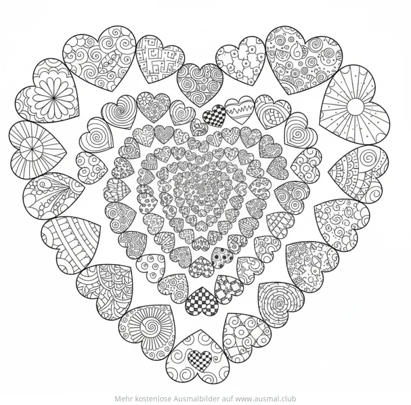 Herz Mandala Ausmalbild mit vielen kleinen Herzen