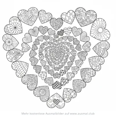 Herz Mandala Ausmalbild mit vielen kleinen Herzen