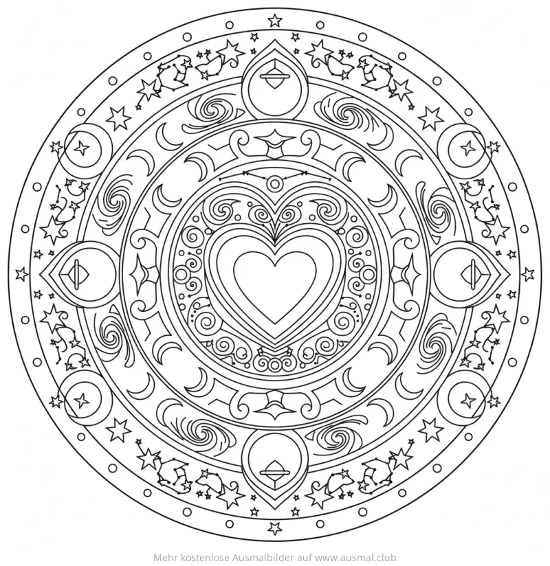 Herz Mandala Ausmalbild mit Weltraum Motiven