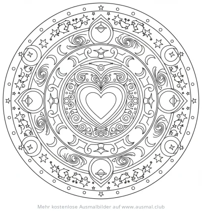 Herz Mandala Ausmalbild mit Weltraum Motiven