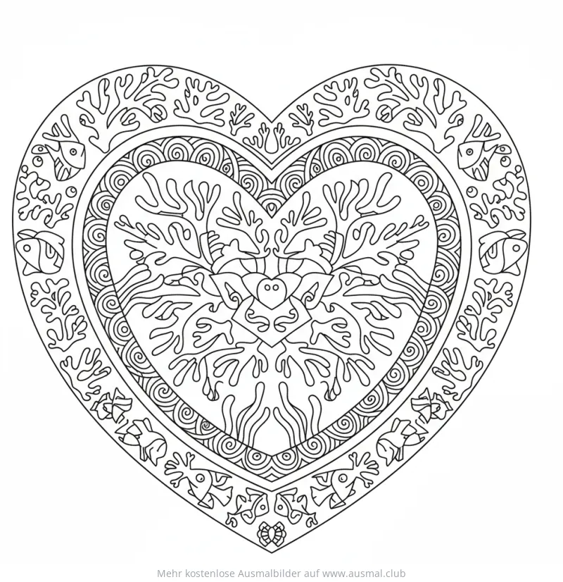 Herzförmiges Unterwasser-Mandala Ausmalbild