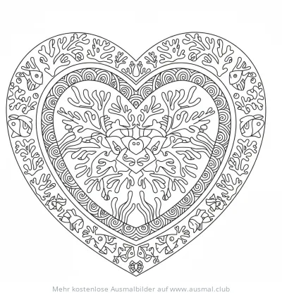 Herzförmiges Unterwasser-Mandala Ausmalbild