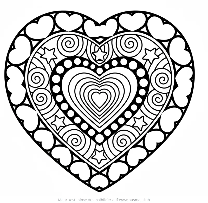 Einfaches Herz Mandala Ausmalbild mit Herzen, Sternen und Spiralen