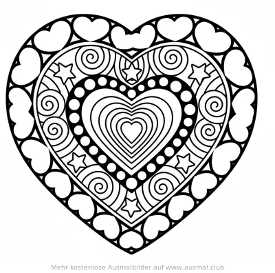 Einfaches Herz Mandala Ausmalbild mit Herzen, Sternen und Spiralen