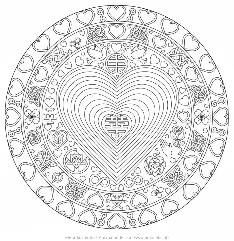 Herz Mandala Ausmalbild mit Ornamenten und Tauben