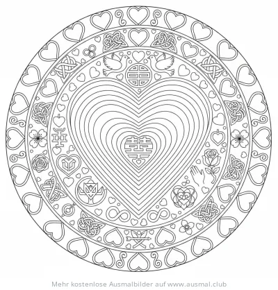 Herz Mandala Ausmalbild mit Ornamenten und Tauben