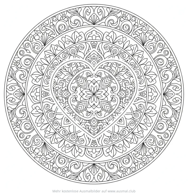 Herz-Mandala mit Blumen Ausmalbild
