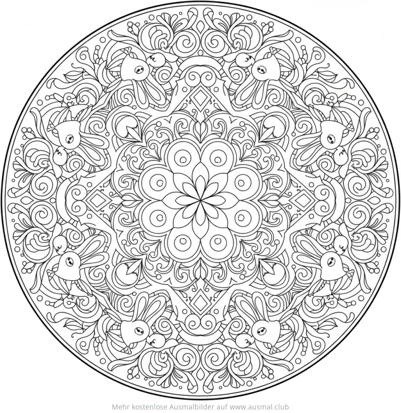 Hasen Mandala Ausmalbild mit floralem Zentrum
