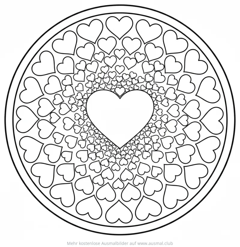 Herz-Mandala Ausmalbild mit vielen kleinen Herzen