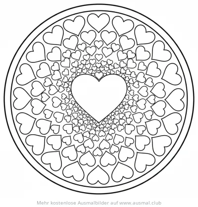 Herz-Mandala Ausmalbild mit vielen kleinen Herzen
