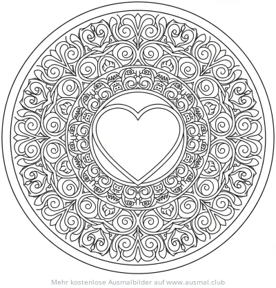 Herz Mandala Ausmalbild mit floralen Ornamenten