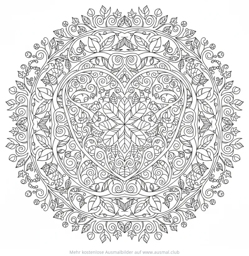 Herz-Mandala Ausmalbild mit floralen Elementen