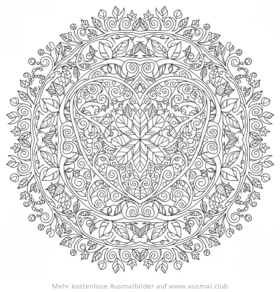Herz-Mandala Ausmalbild mit floralen Elementen