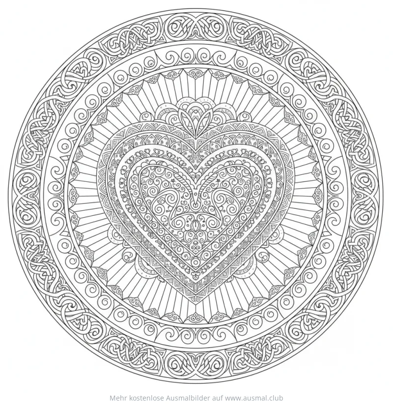 Herz Mandala Ausmalbild mit floralen Mustern und Ornamenten