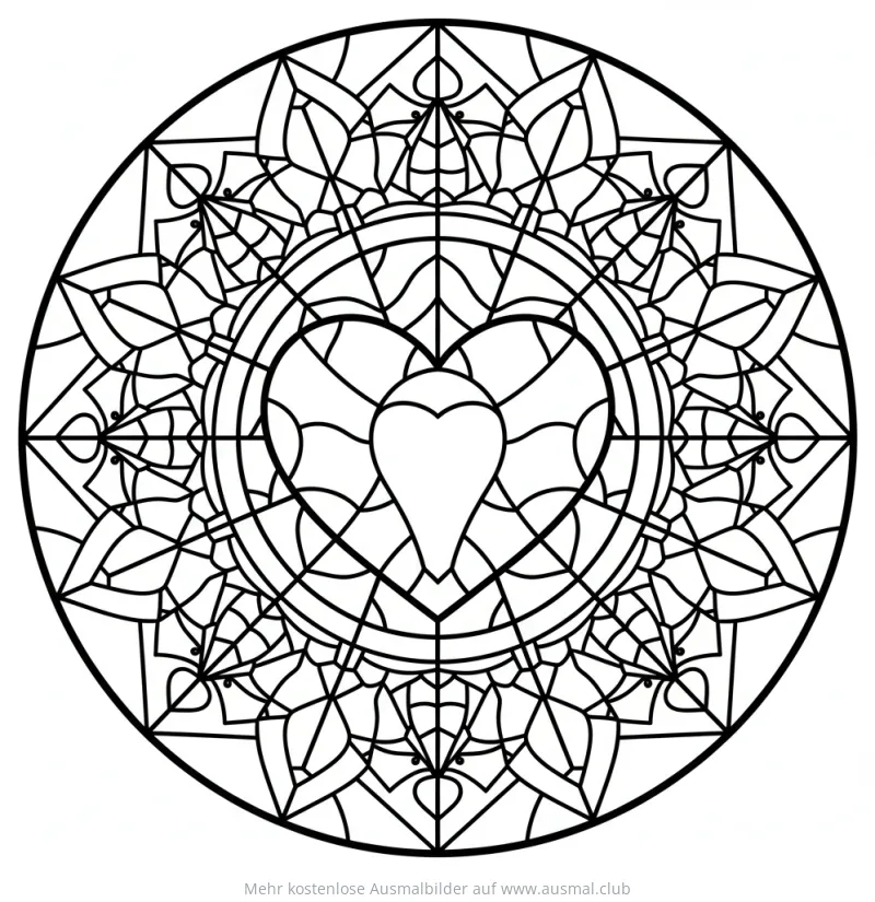 Herz-Mandala Ausmalbild im Glasfenster-Stil