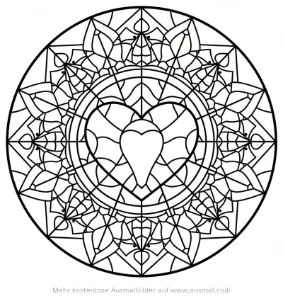 Herz-Mandala Ausmalbild im Glasfenster-Stil