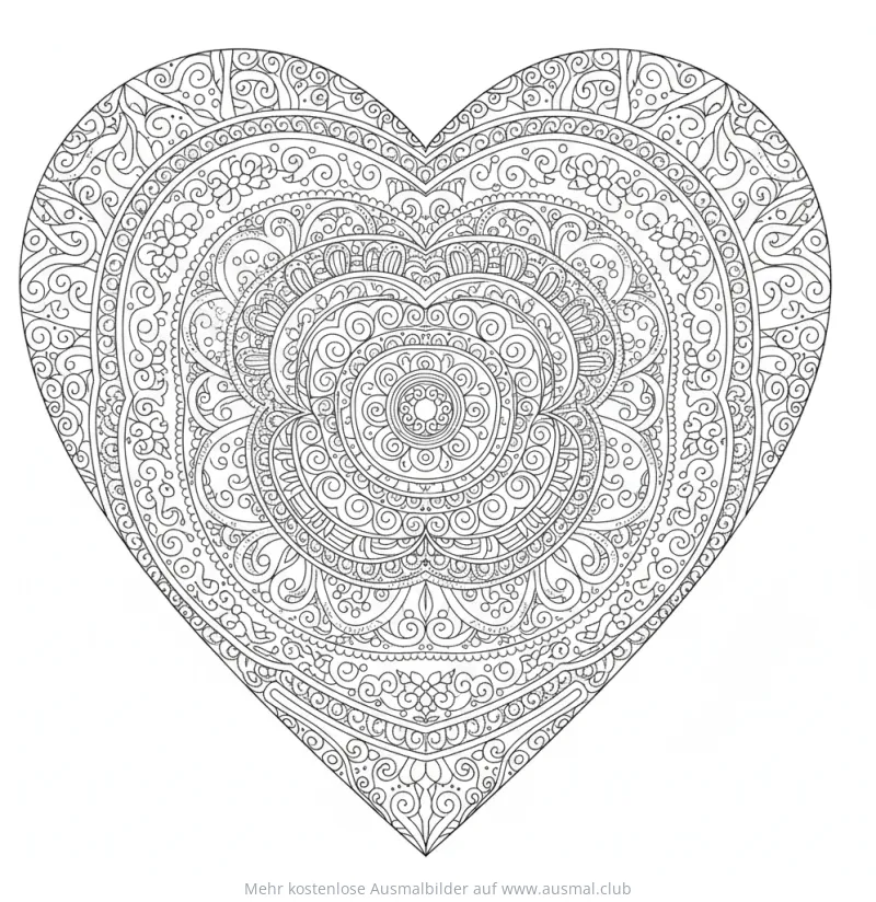 Herz Ausmalbild mit detailliertem Mandala Muster
