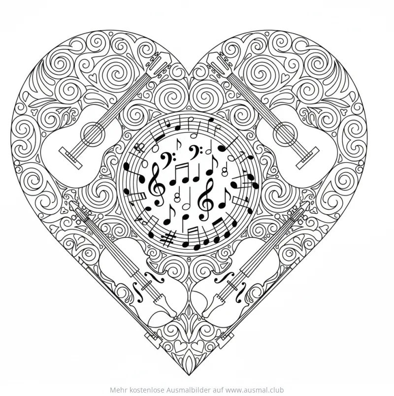 Herz Mandala Ausmalbild mit Musiknoten, Gitarren und Violinen