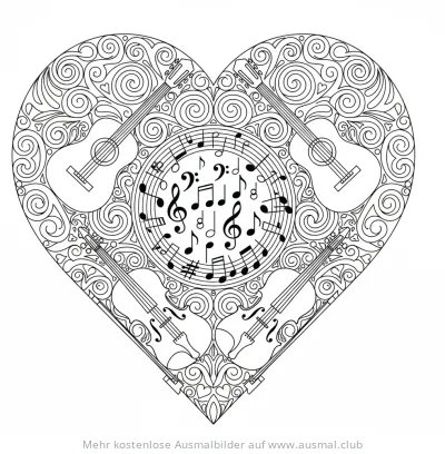 Herz Mandala Ausmalbild mit Musiknoten, Gitarren und Violinen