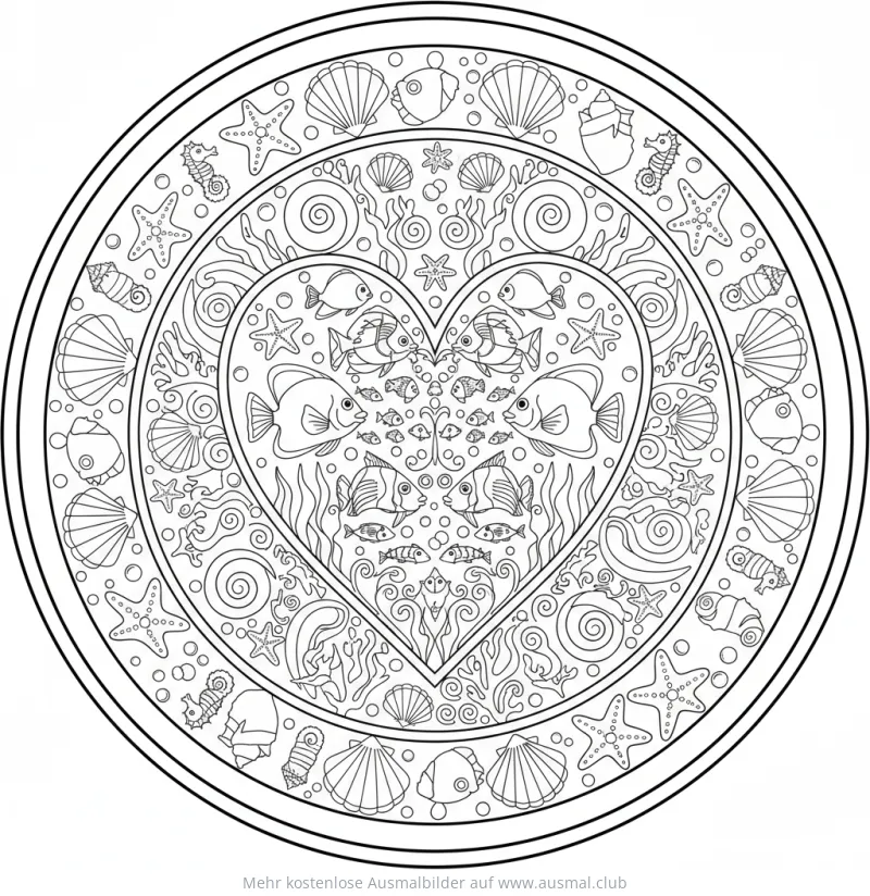 Herz-Mandala mit Meeresmotiven Ausmalbild