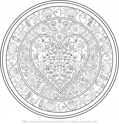 Herz-Mandala mit Meeresmotiven Ausmalbild