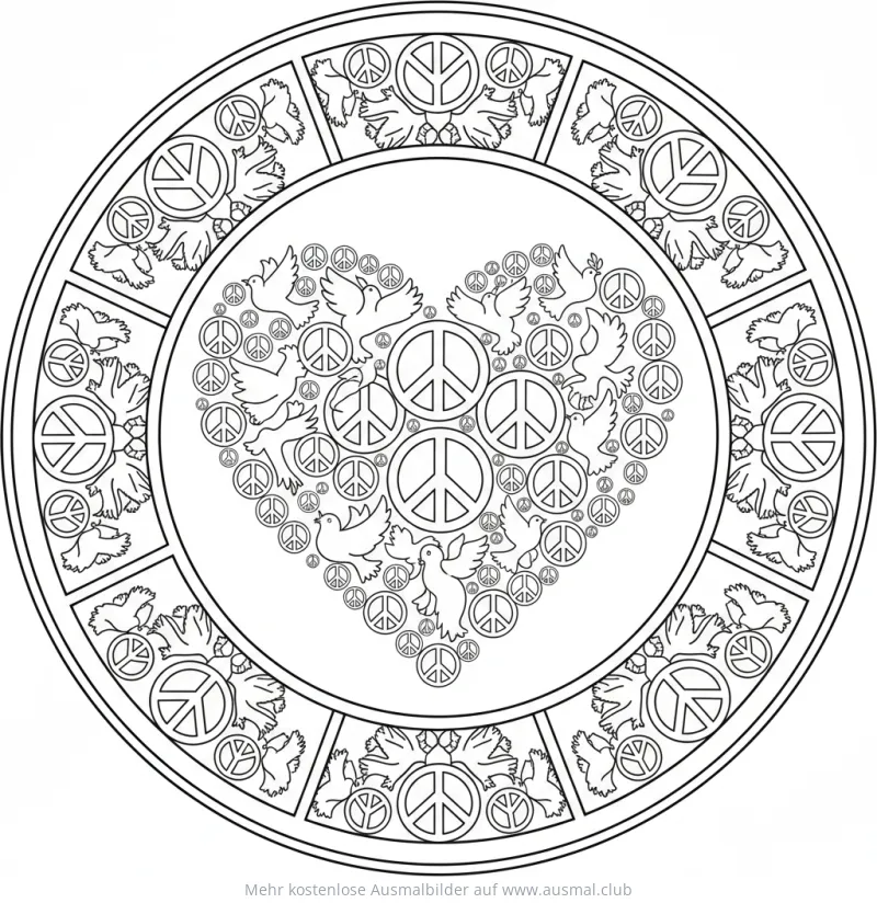 Herz-Mandala Ausmalbild mit Friedenstauben und Peace-Zeichen