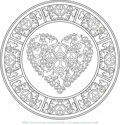 Herz-Mandala Ausmalbild mit Friedenstauben und Peace-Zeichen