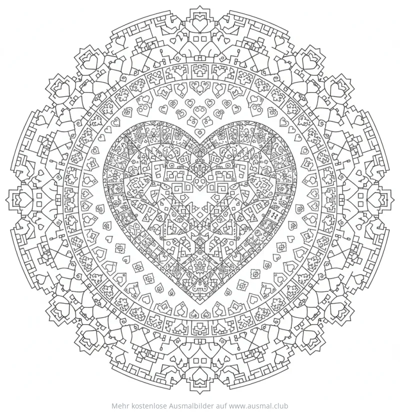 Herz-Mandala Ausmalbild mit detaillierten Mustern