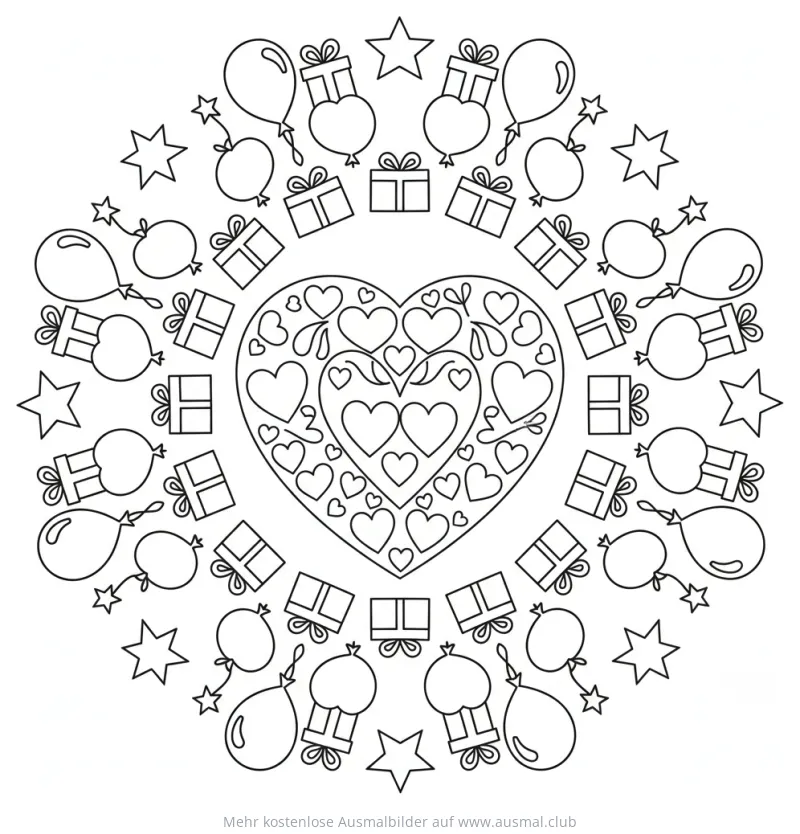 Herz Mandala Ausmalbild mit Herzen, Sternen, Luftballons und Geschenken