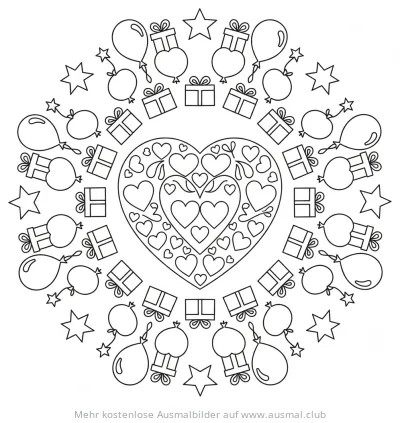 Herz Mandala Ausmalbild mit Herzen, Sternen, Luftballons und Geschenken