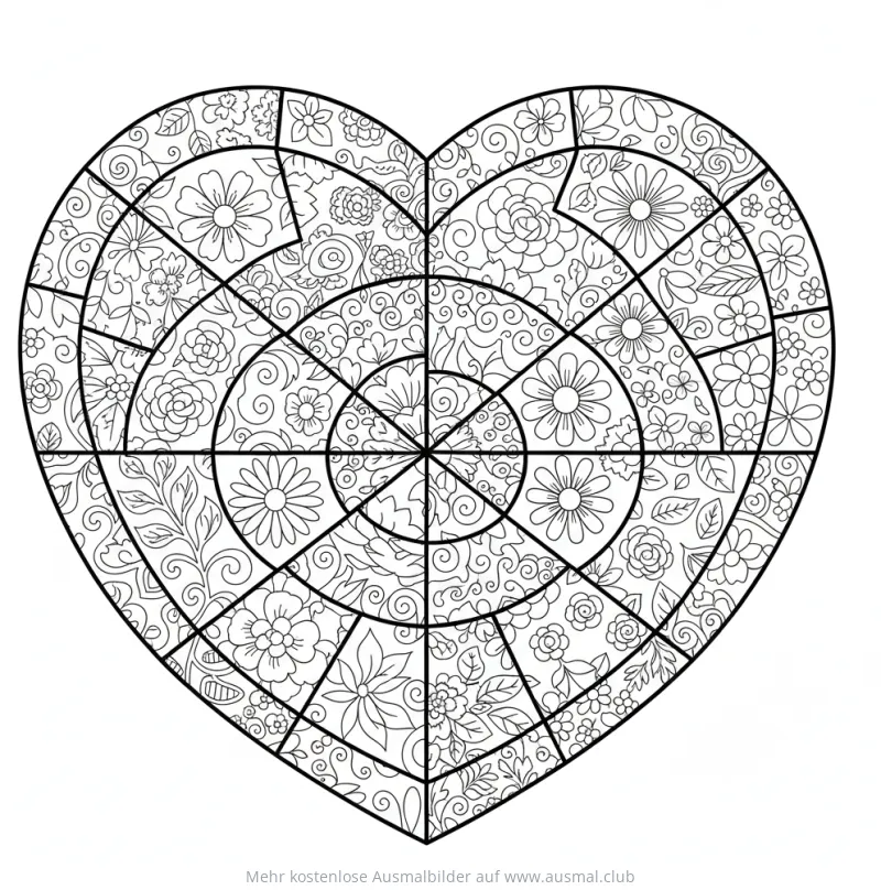 Herzförmiges Patchwork mit floralen Mustern Ausmalbild